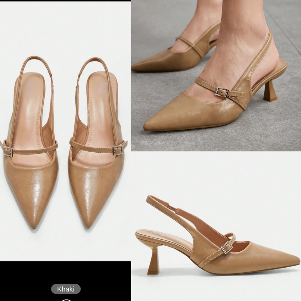 Buckle detail slingback beige / nude kitten heel pumps - Picture 1 of 7